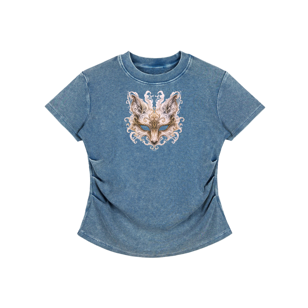 Fox Mask Vintage Washed Bodycon Cotton T-Shirt