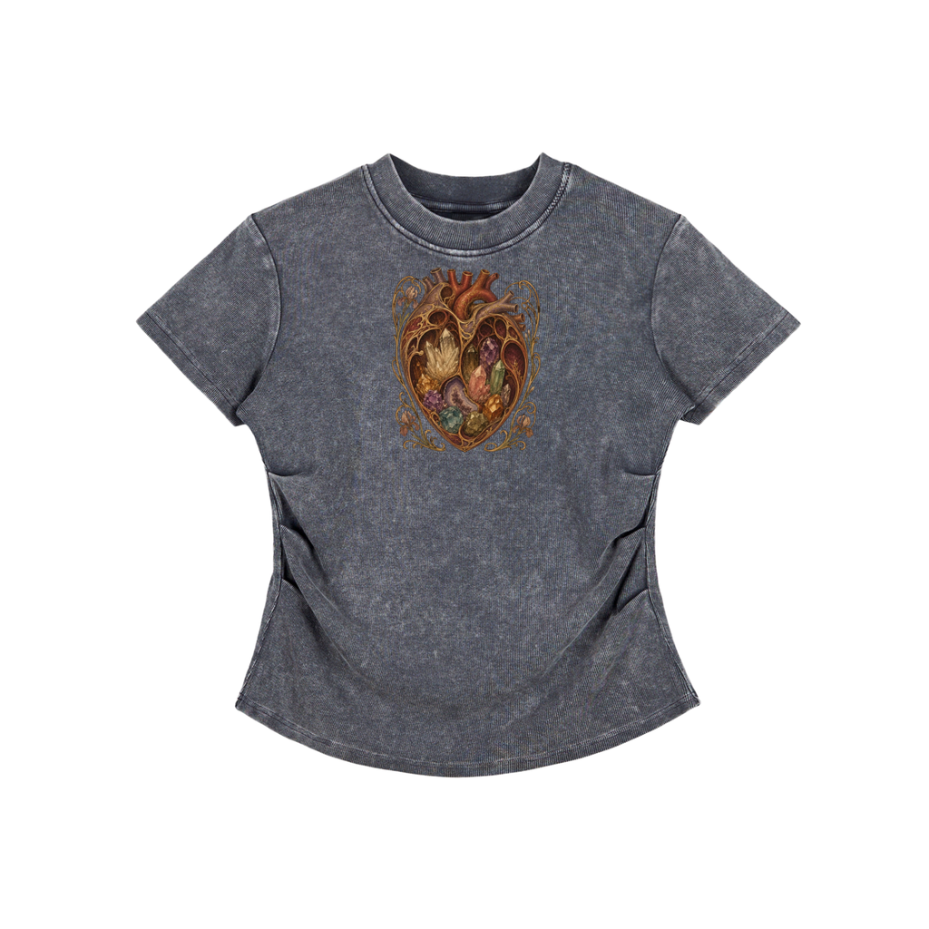 Crystal Heart Vintage Washed Bodycon Cotton T-Shirt