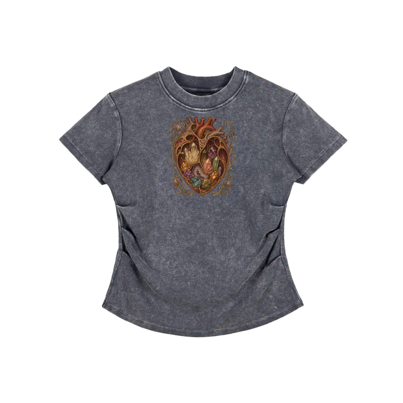 Crystal Heart Vintage Washed Bodycon Cotton T-Shirt