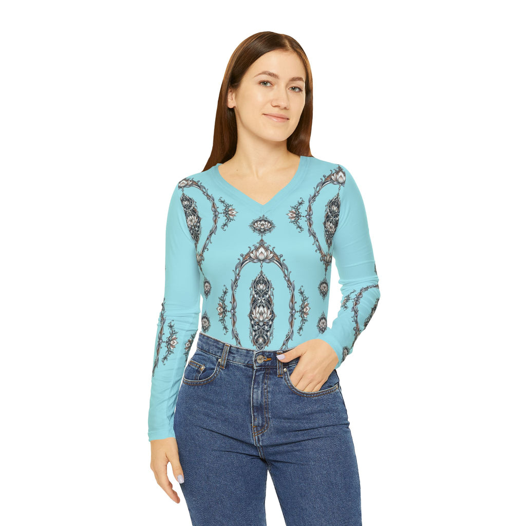 Aqua Lotus V-Neck Long Sleeve — Women's Patterned Top