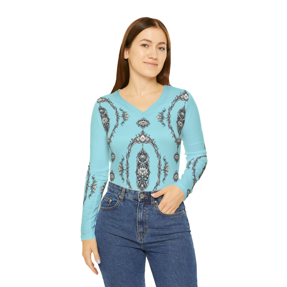 Aqua Lotus V-Neck Long Sleeve — Women's Patterned Top