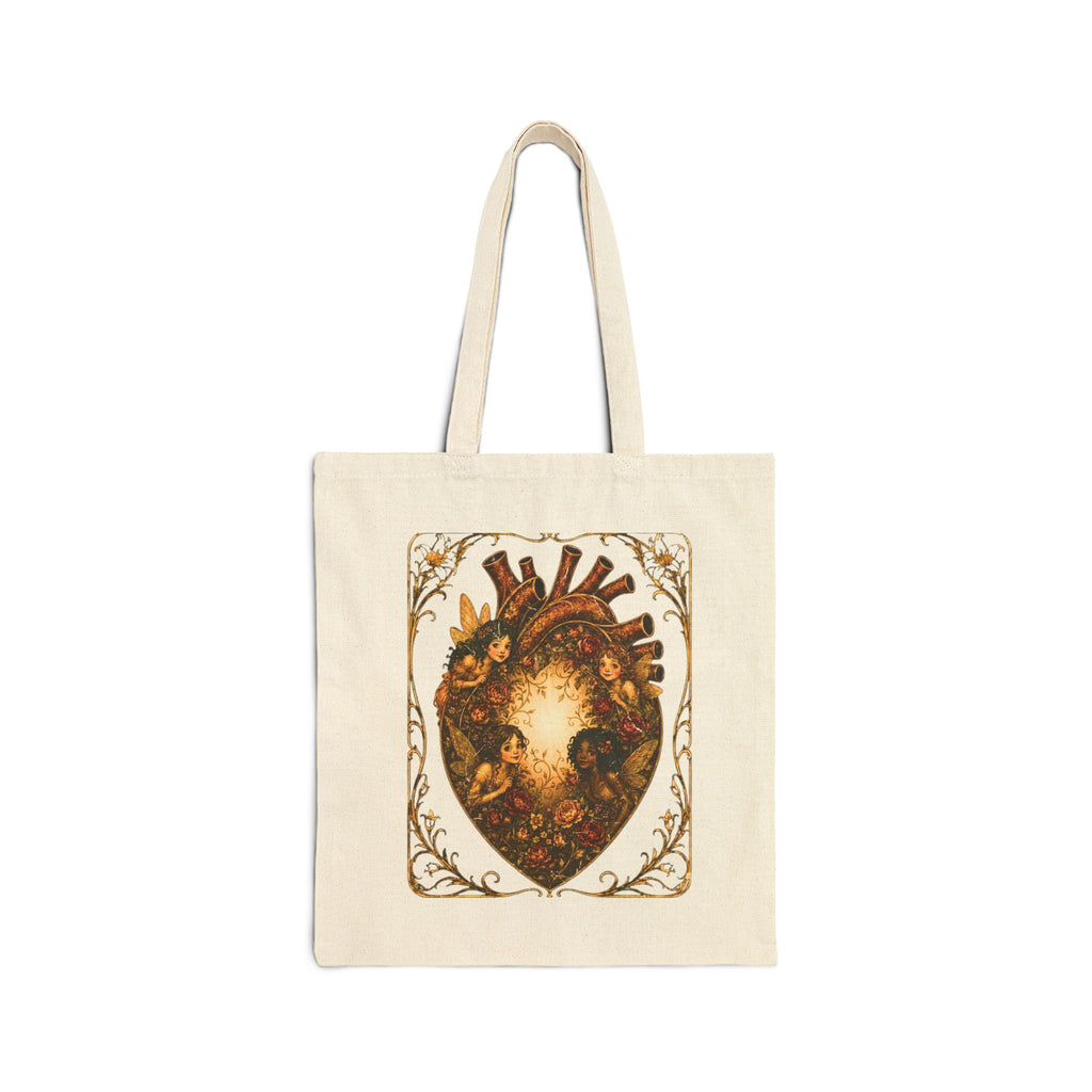 Fairy Heart Canvas Tote Bag — Vintage Floral Anatomical Heart Art Tote