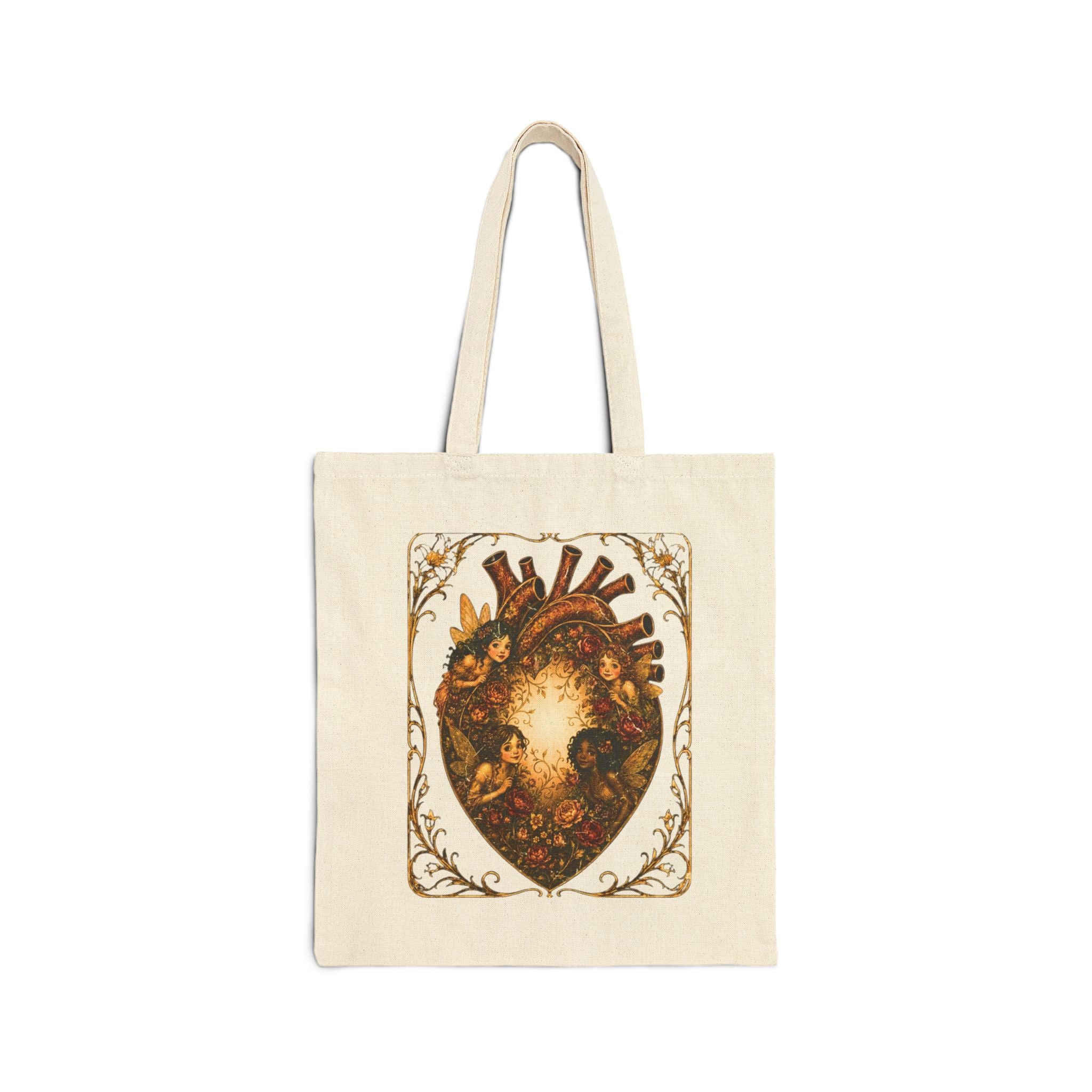 Fairy Heart Canvas Tote Bag — Vintage Floral Anatomical Heart Art Tote