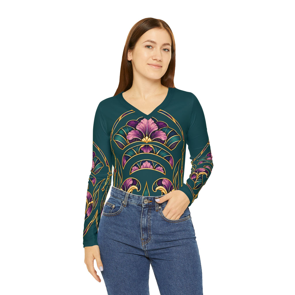 Floral Art Nouveau V-Neck Long Sleeve