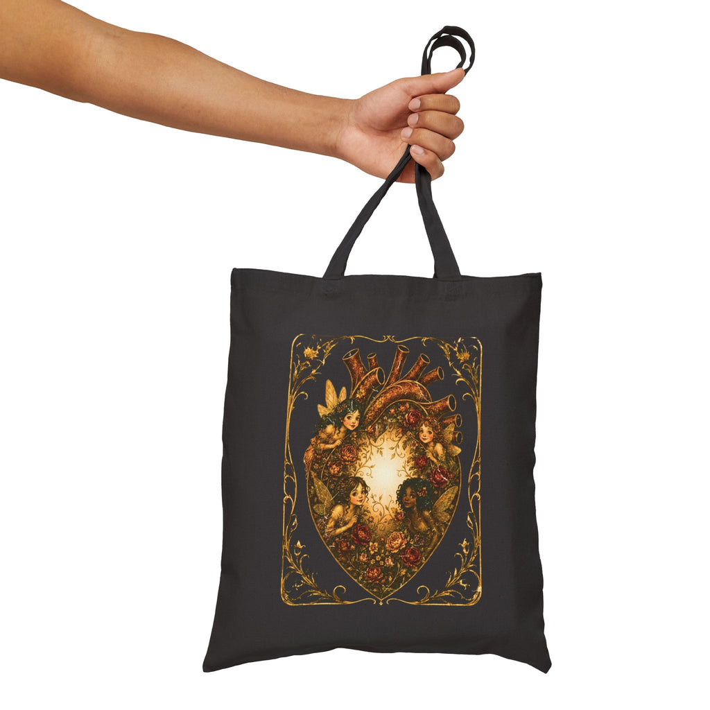 Fairy Heart Canvas Tote Bag — Vintage Floral Anatomical Heart Art Tote