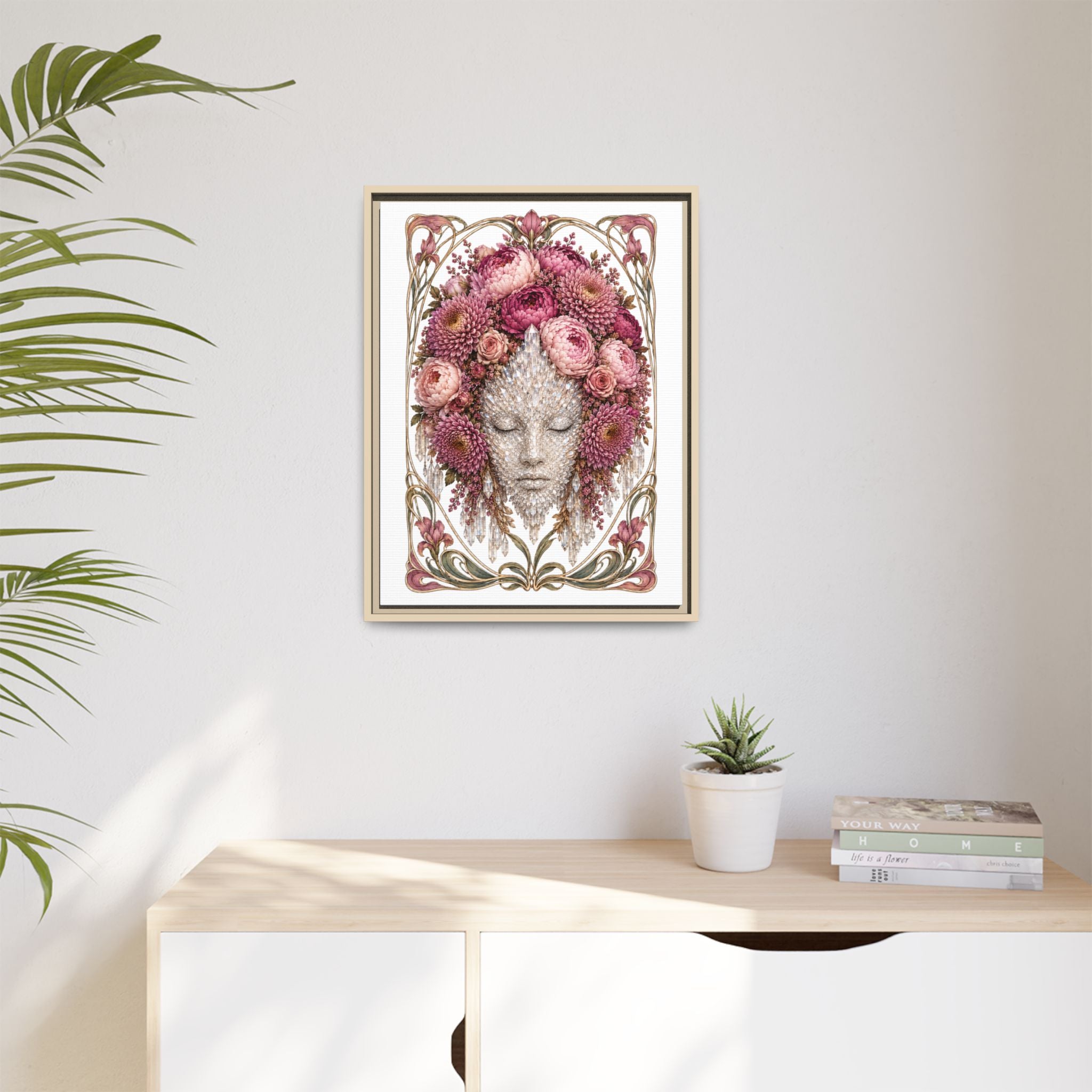 Framed Crystal Floral Muse Canvas Print — Botanical Portrait Wall Art