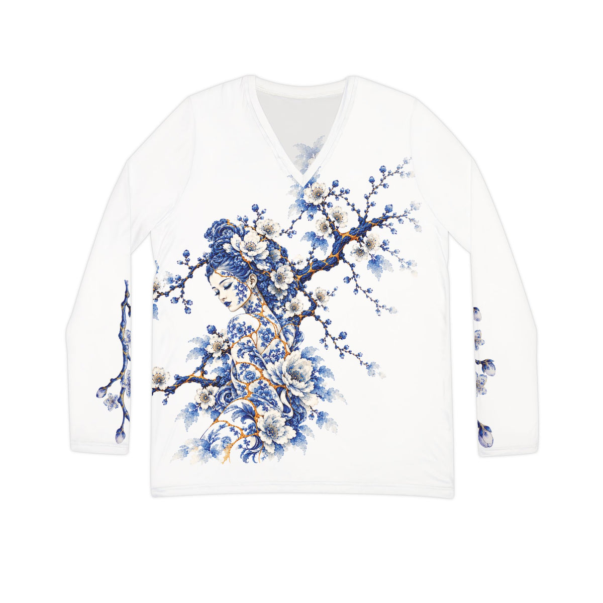 Women's V-Neck Long Sleeve Shirt — Blue Floral Porcelain Cherry Blossom Print