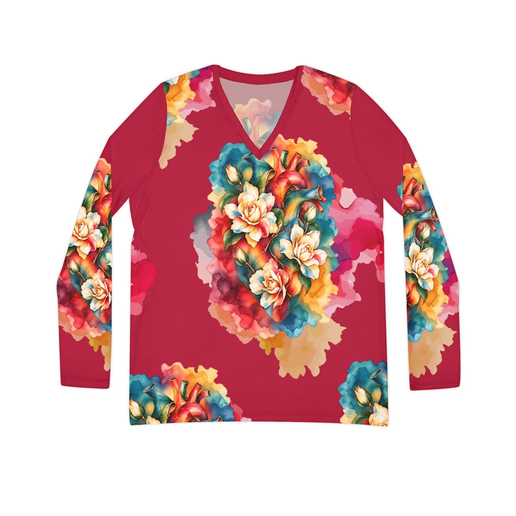Watercolor Gardenia Women's Long Sleeve V-neck Shirt (AOP)