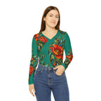 Stained Glass Poppy Women's Long Sleeve V-neck Shirt (AOP)
