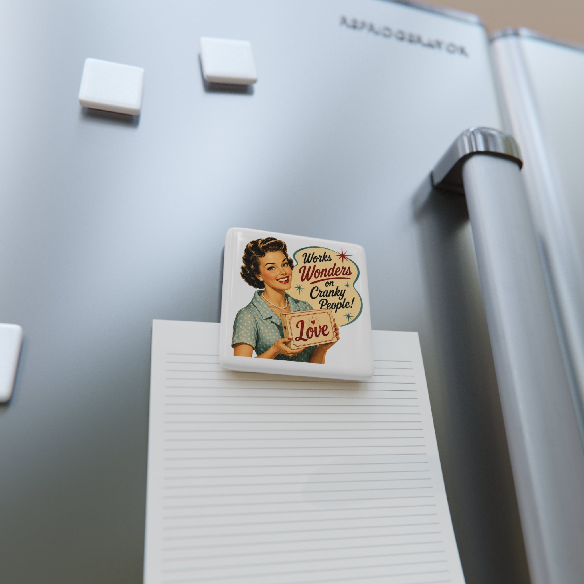 Retro Porcelain Magnet — “Works Wonders on Cranky People! Love” Vintage Kitchen Decor