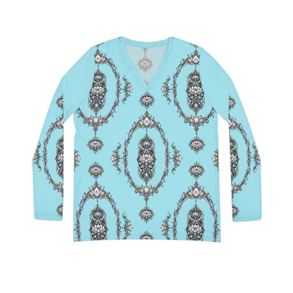 Aqua Lotus V-Neck Long Sleeve — Women's Patterned Top