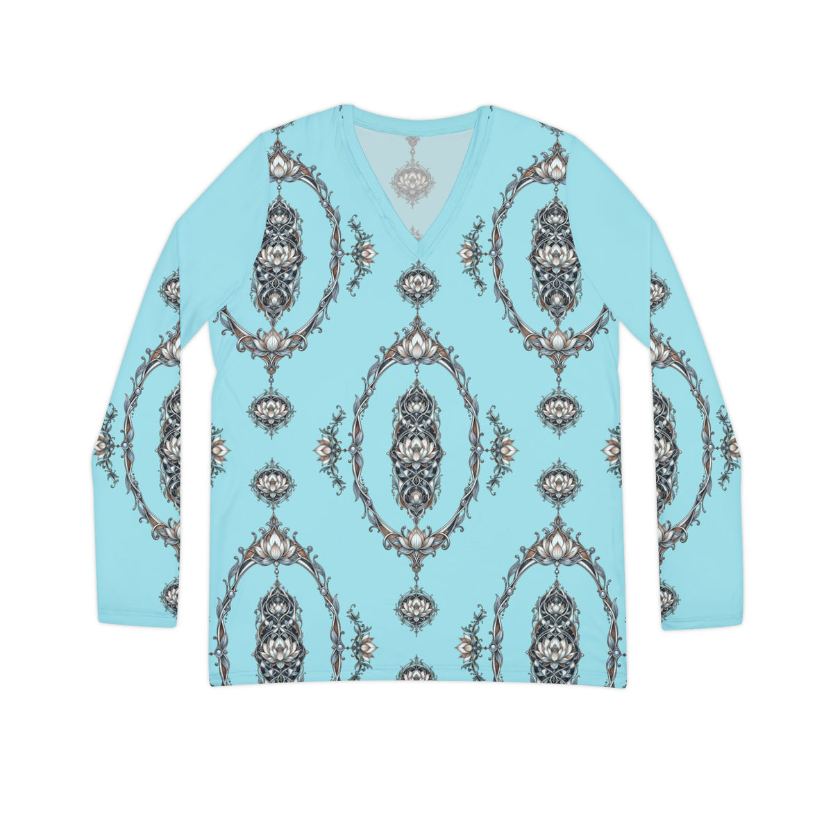Aqua Lotus V-Neck Long Sleeve — Women's Patterned Top