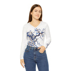 Women's V-Neck Long Sleeve Shirt — Blue Floral Porcelain Cherry Blossom Print