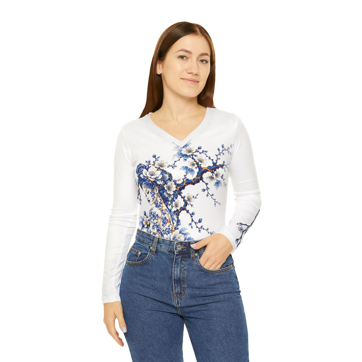 Women's V-Neck Long Sleeve Shirt — Blue Floral Porcelain Cherry Blossom Print