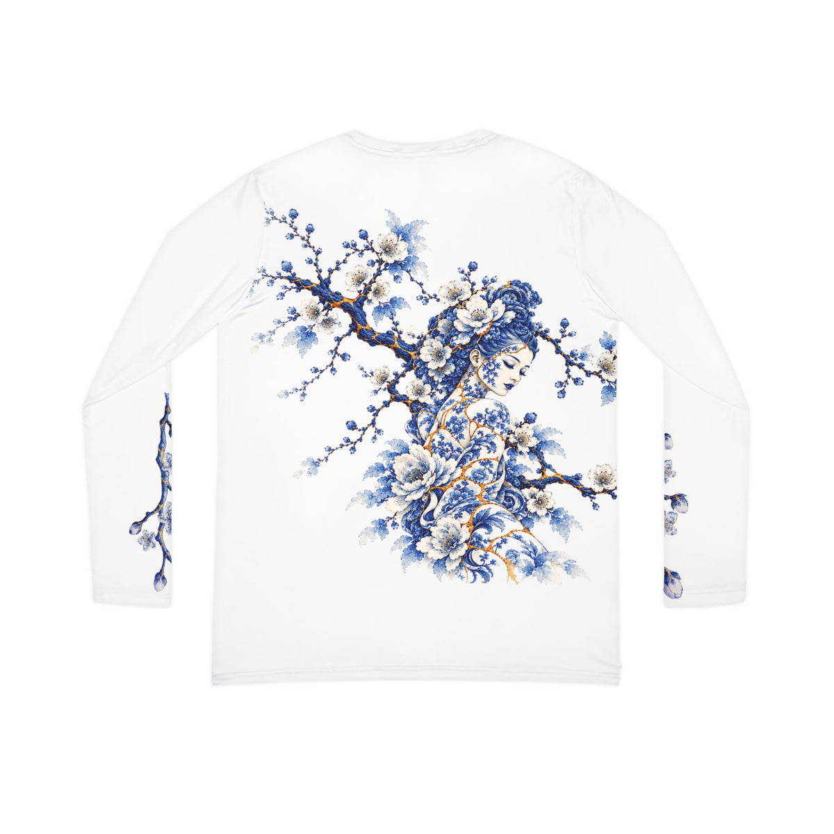 Women's V-Neck Long Sleeve Shirt — Blue Floral Porcelain Cherry Blossom Print