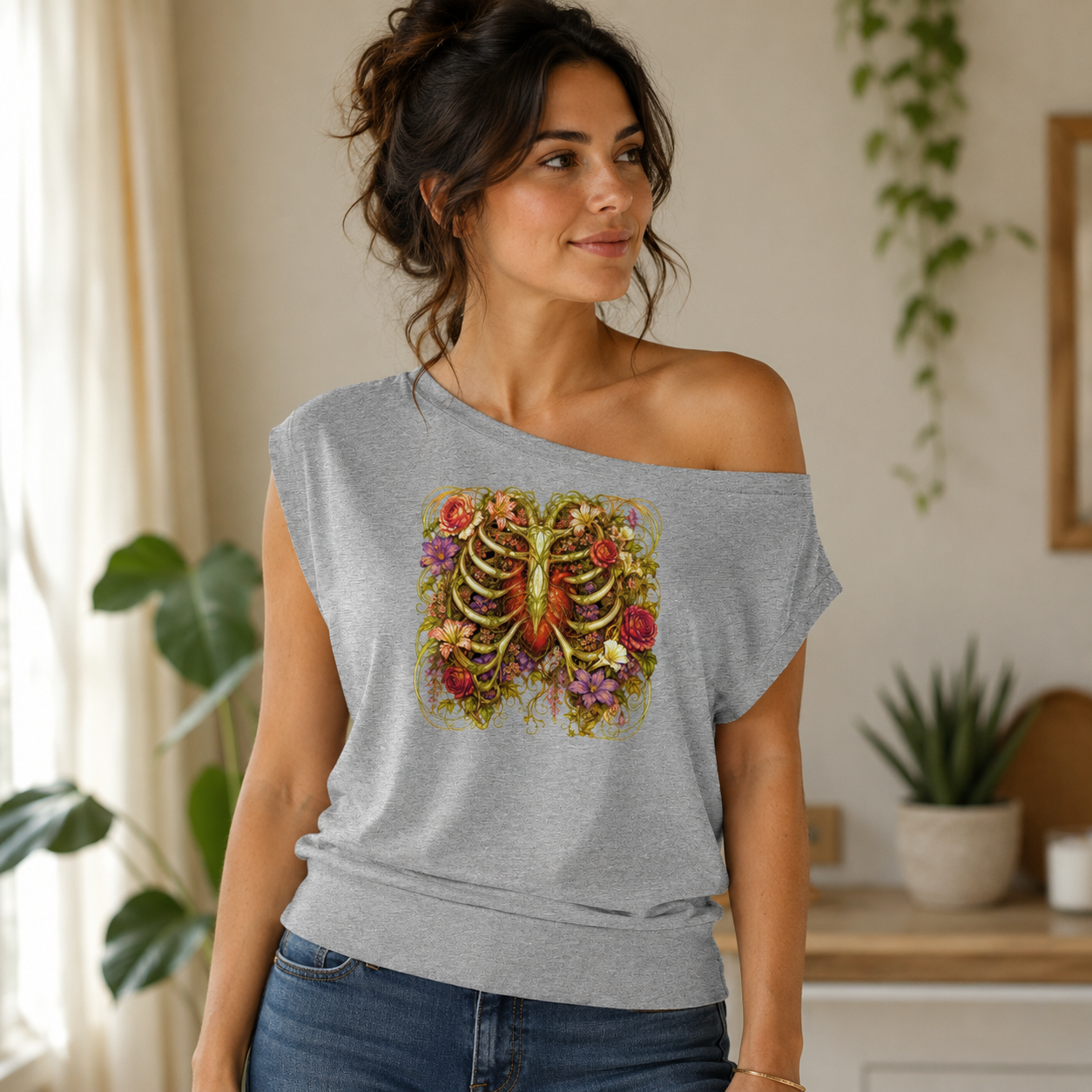 Floral Ribcage Women’s Boatneck Raw Edge Crop T-Shirt