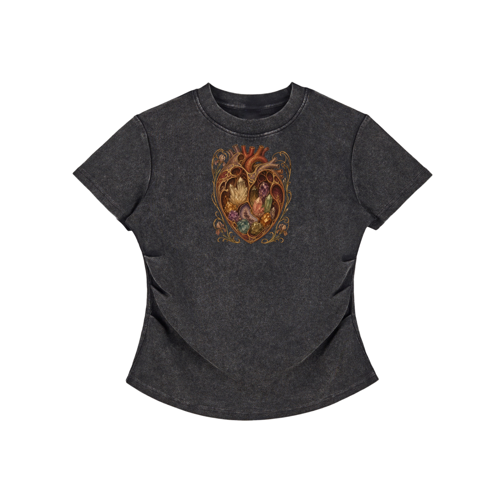 Crystal Heart Vintage Washed Bodycon Cotton T-Shirt