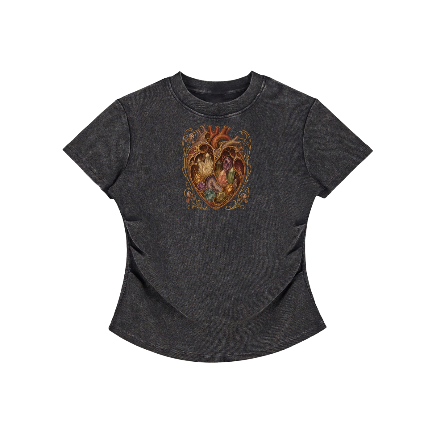 Crystal Heart Vintage Washed Bodycon Cotton T-Shirt
