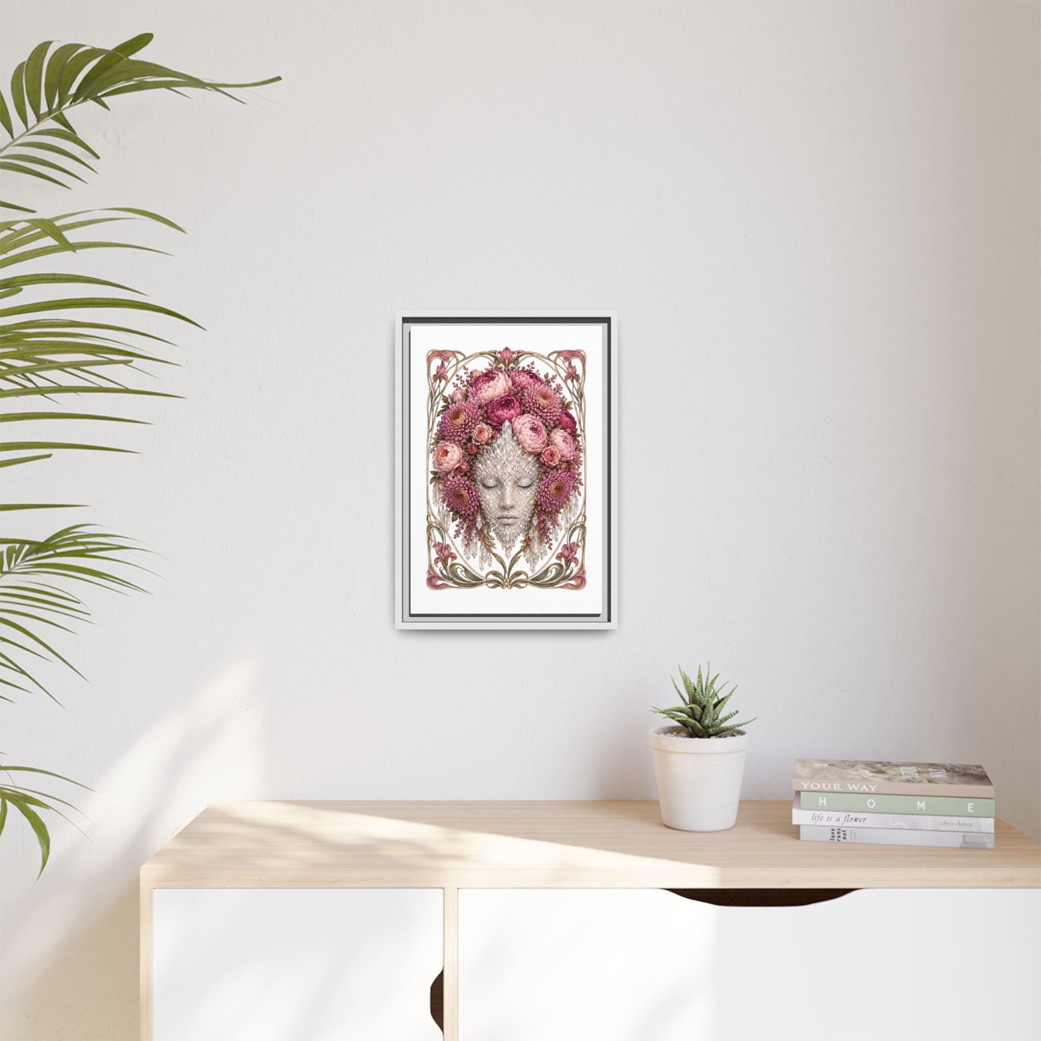 Framed Crystal Floral Muse Canvas Print — Botanical Portrait Wall Art