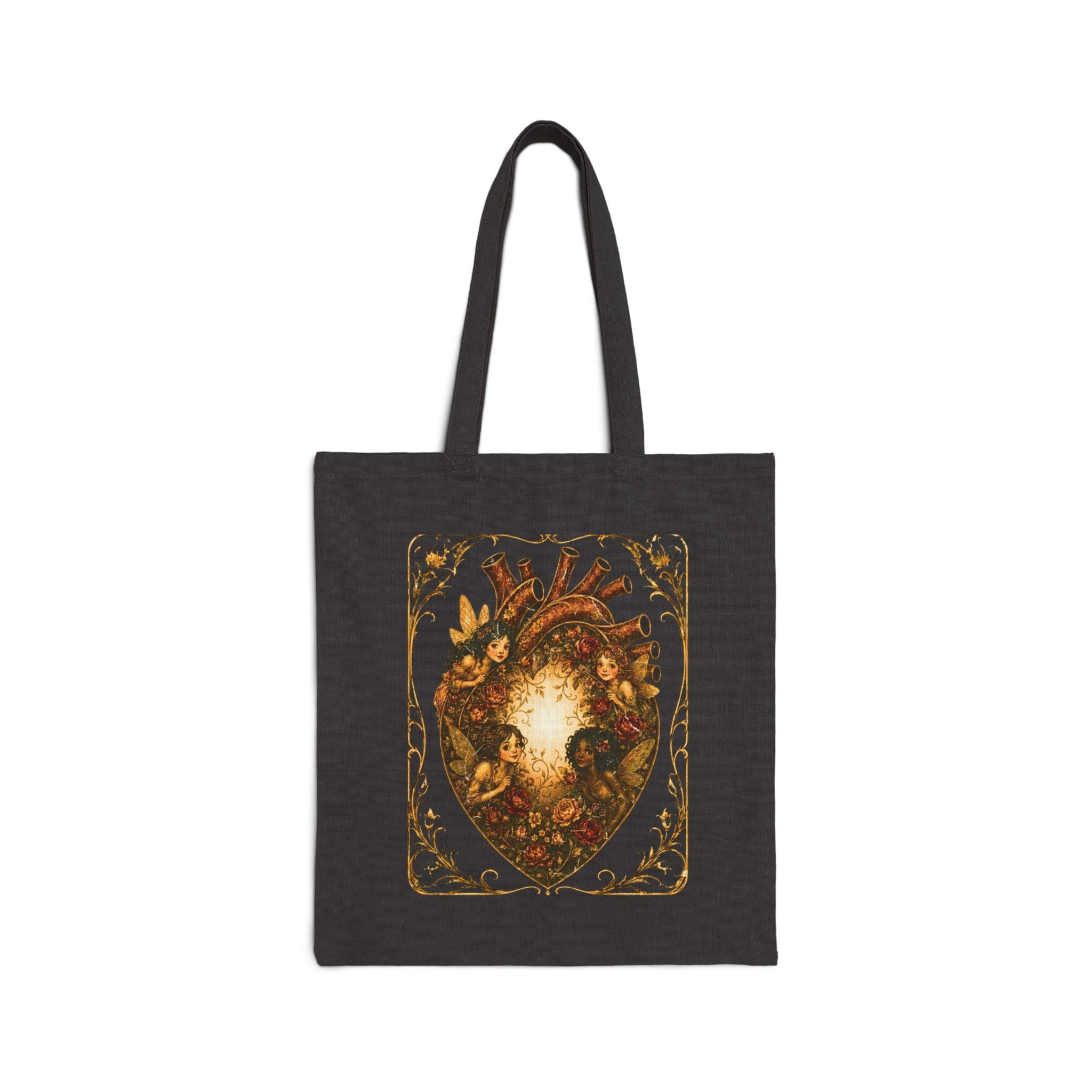 Fairy Heart Canvas Tote Bag — Vintage Floral Anatomical Heart Art Tote