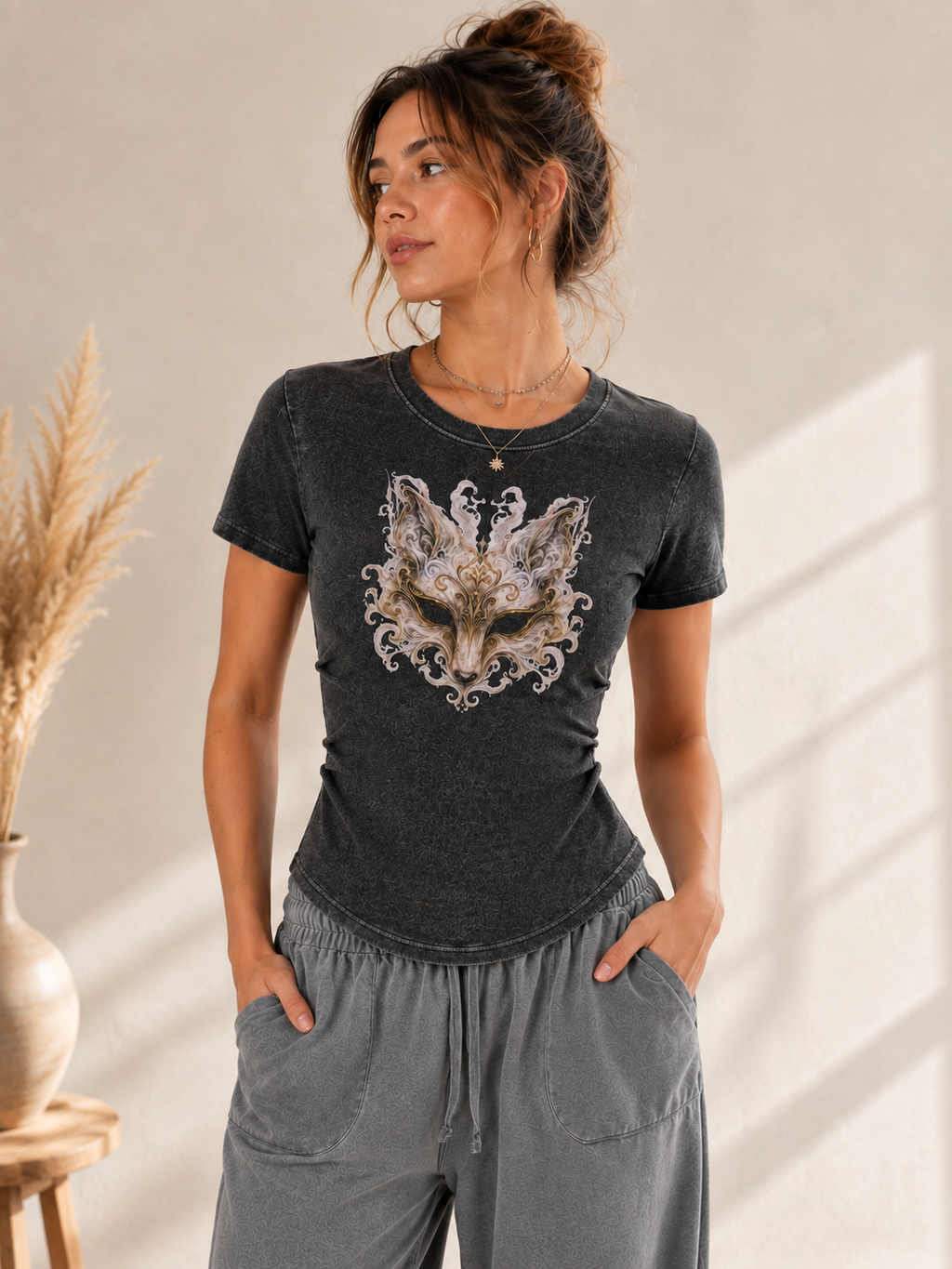 Fox Mask Vintage Washed Bodycon Cotton T-Shirt
