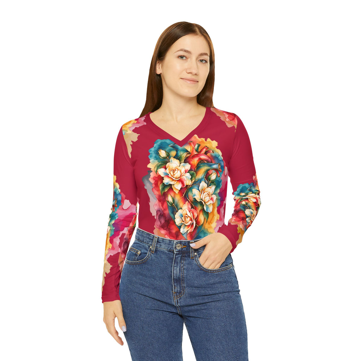 Watercolor Gardenia Women's Long Sleeve V-neck Shirt (AOP)