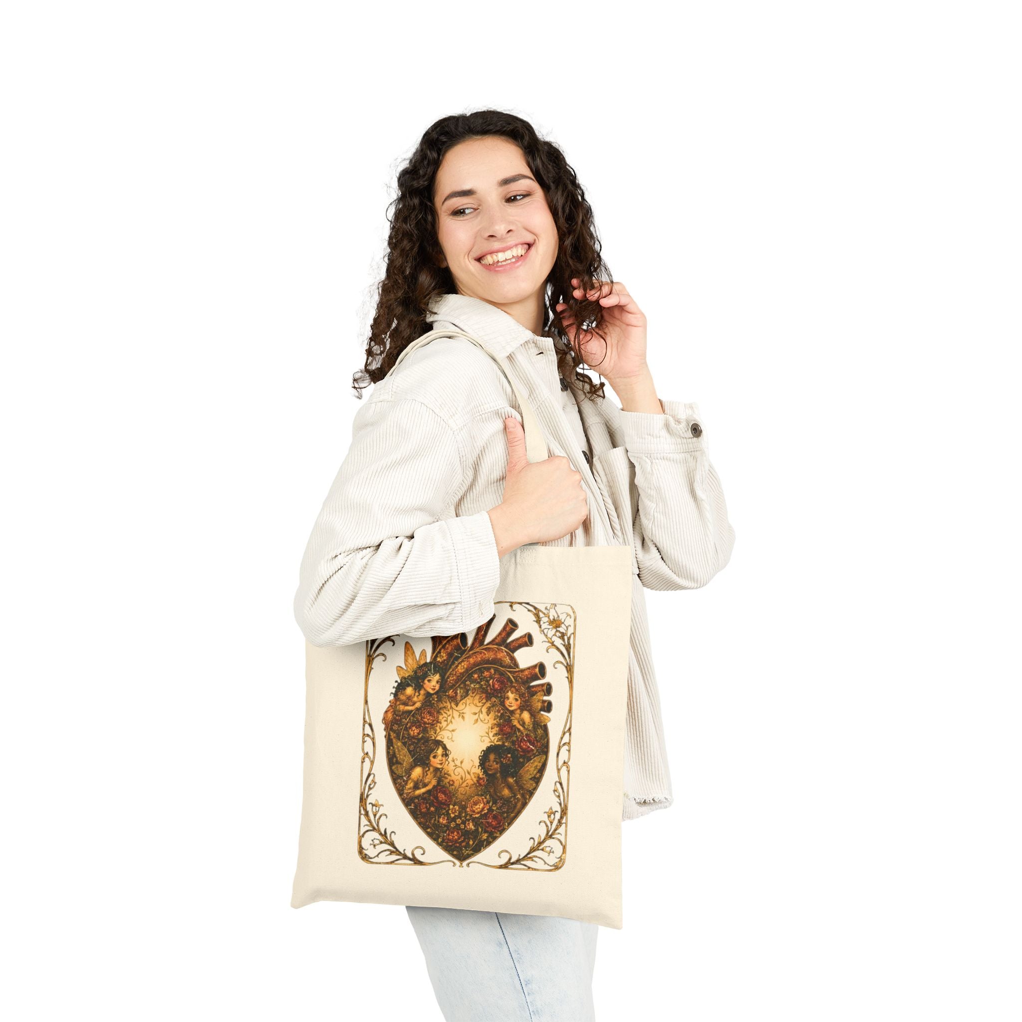 Fairy Heart Canvas Tote Bag — Vintage Floral Anatomical Heart Art Tote