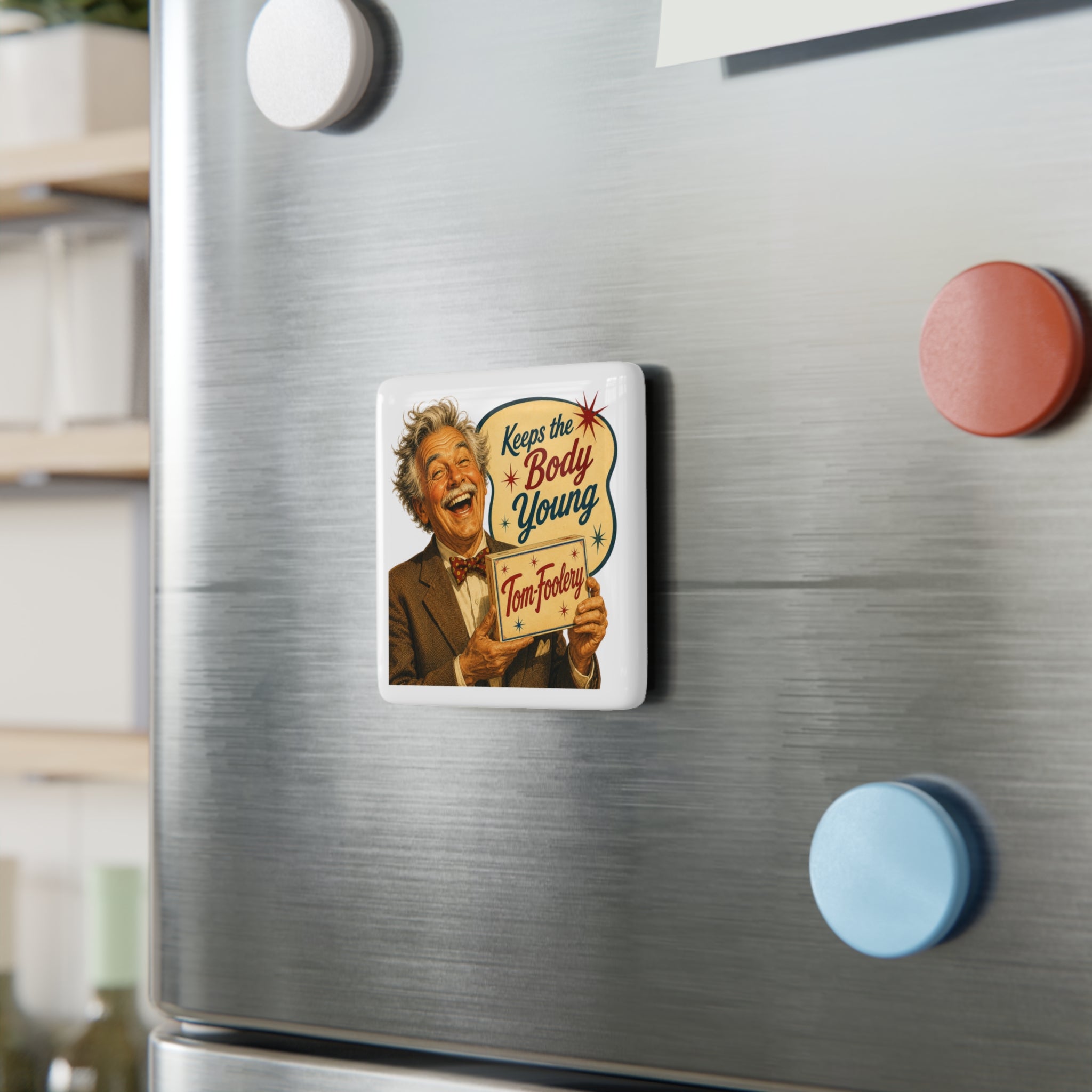 Vintage ‘Keeps the Body Young’ Porcelain Square Magnet – Retro Tom-Foolery Design