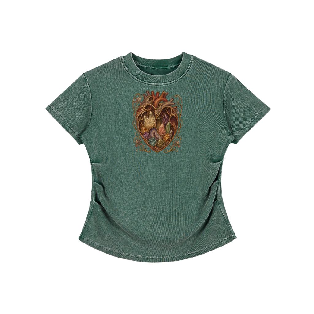 Crystal Heart Vintage Washed Bodycon Cotton T-Shirt