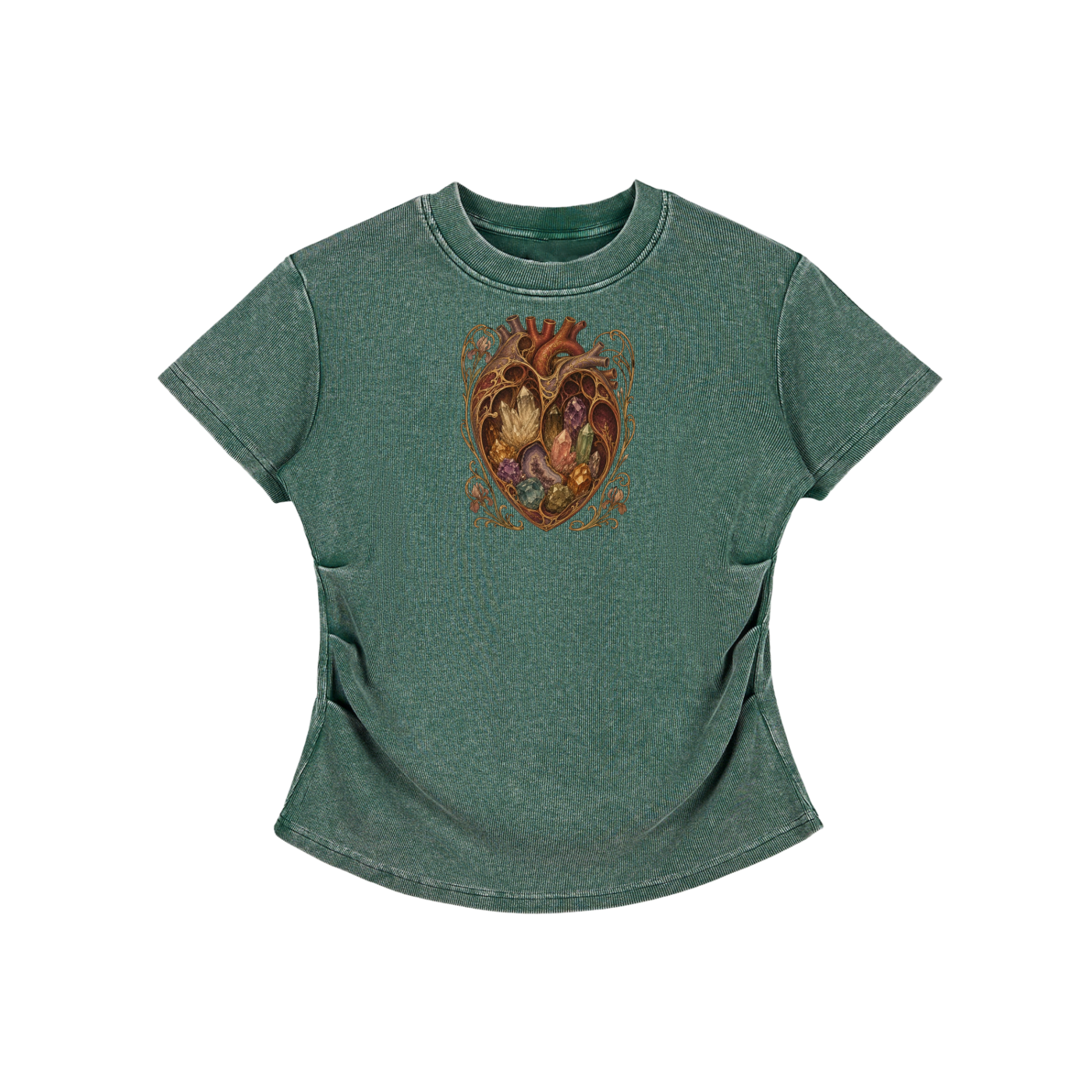 Crystal Heart Vintage Washed Bodycon Cotton T-Shirt