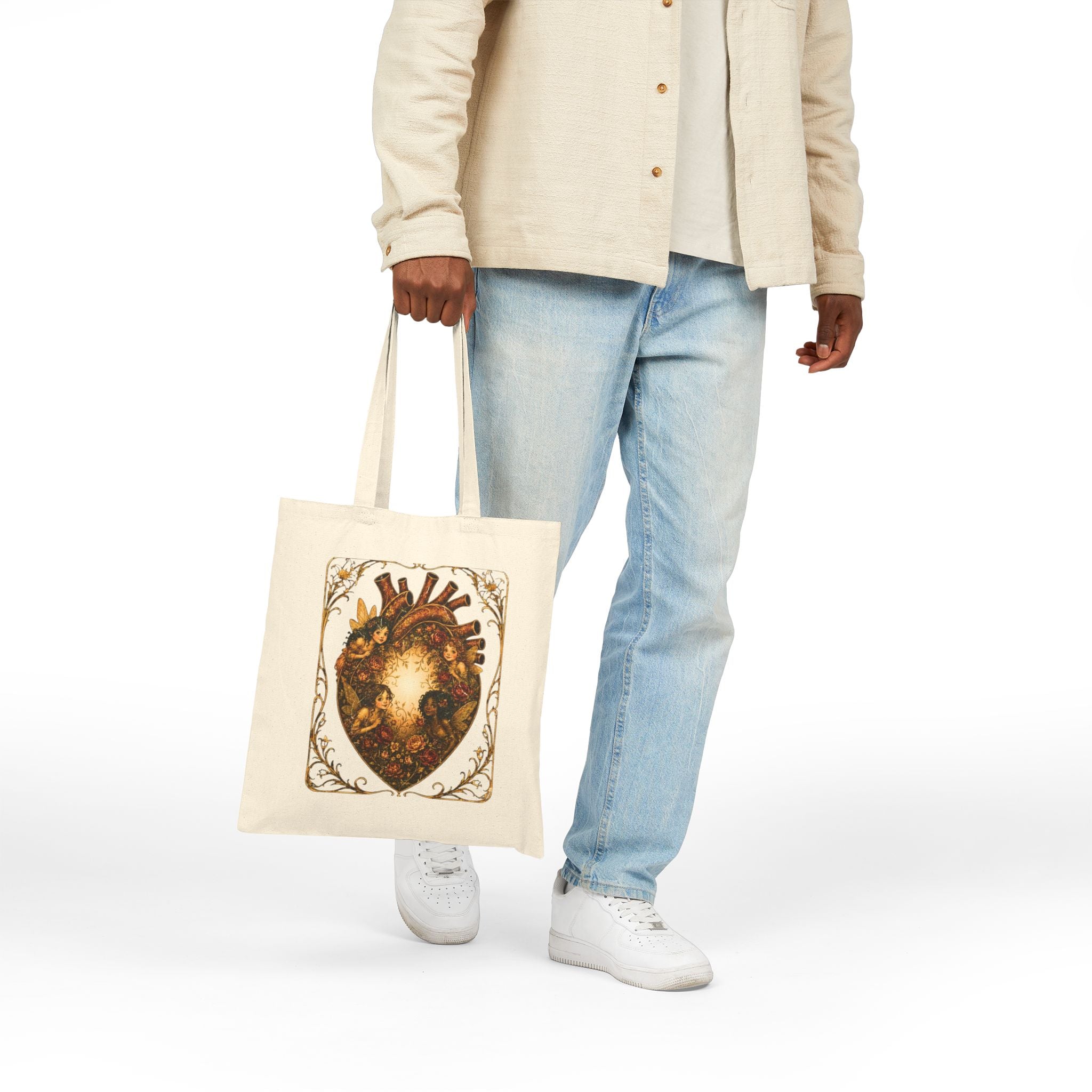 Fairy Heart Canvas Tote Bag — Vintage Floral Anatomical Heart Art Tote