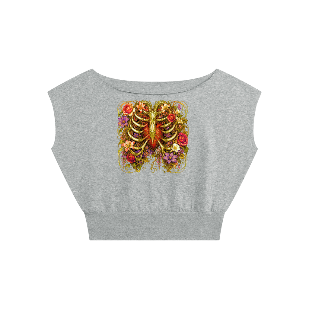 Floral Ribcage Women’s Boatneck Raw Edge Crop T-Shirt