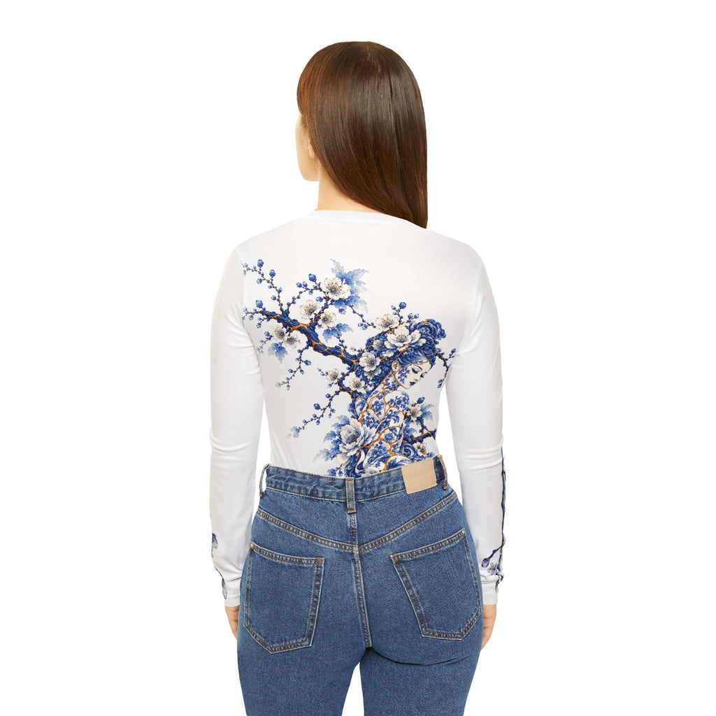 Women's V-Neck Long Sleeve Shirt — Blue Floral Porcelain Cherry Blossom Print