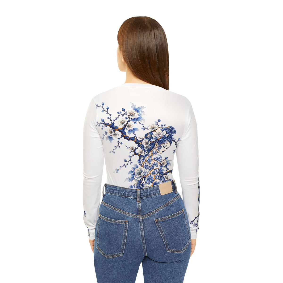 Women's V-Neck Long Sleeve Shirt — Blue Floral Porcelain Cherry Blossom Print