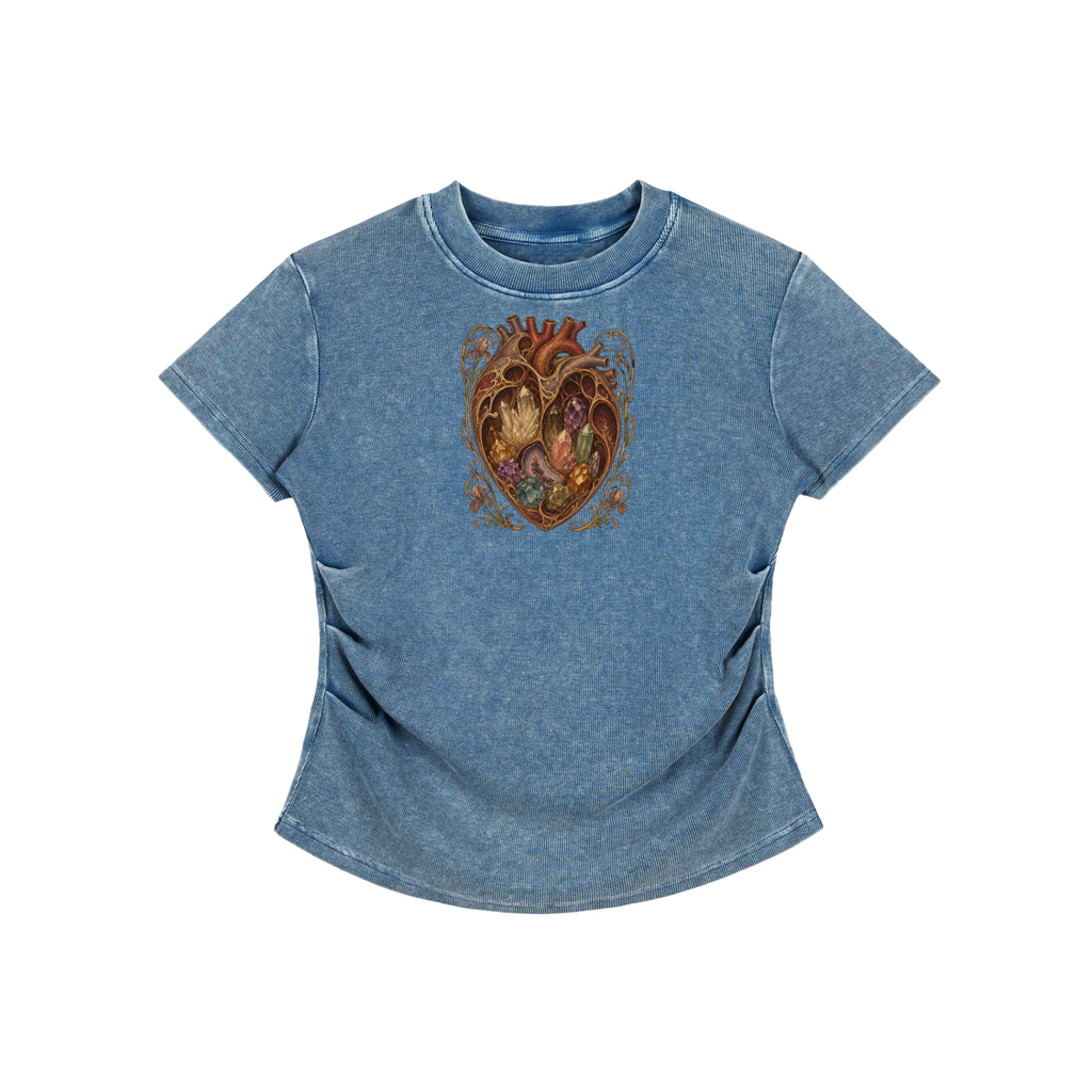 Crystal Heart Vintage Washed Bodycon Cotton T-Shirt