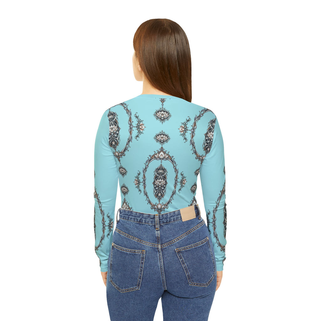 Aqua Lotus V-Neck Long Sleeve — Women's Patterned Top