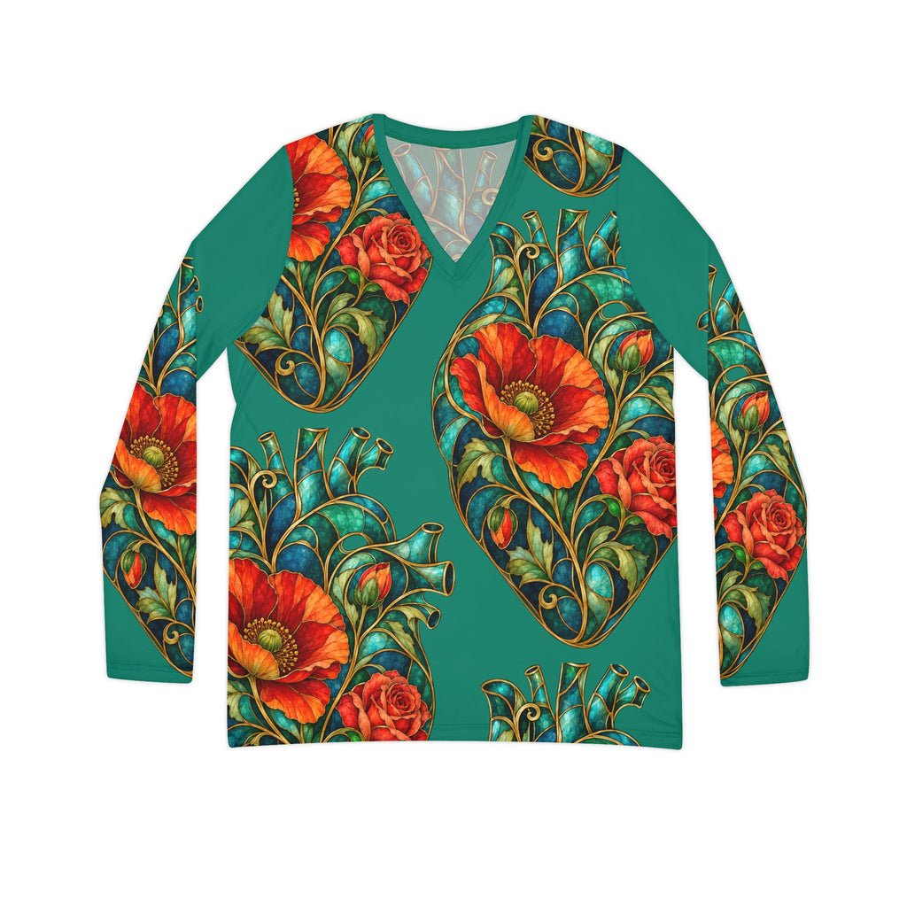 Stained Glass Poppy Women's Long Sleeve V-neck Shirt (AOP)