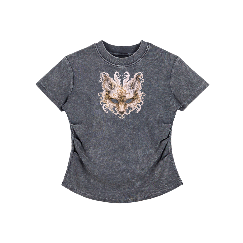 Fox Mask Vintage Washed Bodycon Cotton T-Shirt