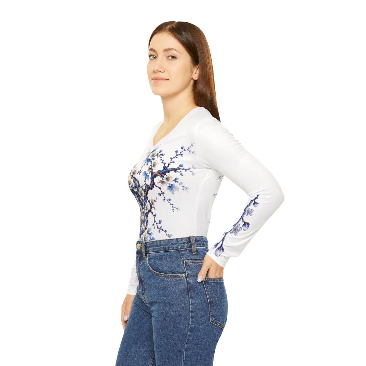 Women's V-Neck Long Sleeve Shirt — Blue Floral Porcelain Cherry Blossom Print