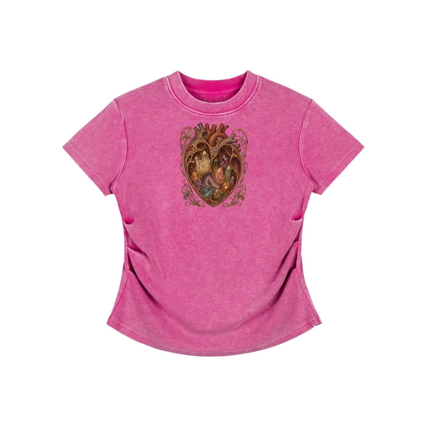 Crystal Heart Vintage Washed Bodycon Cotton T-Shirt