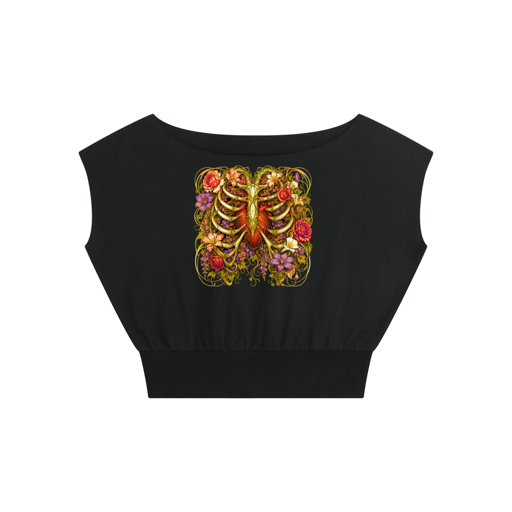 Floral Ribcage Women’s Boatneck Raw Edge Crop T-Shirt