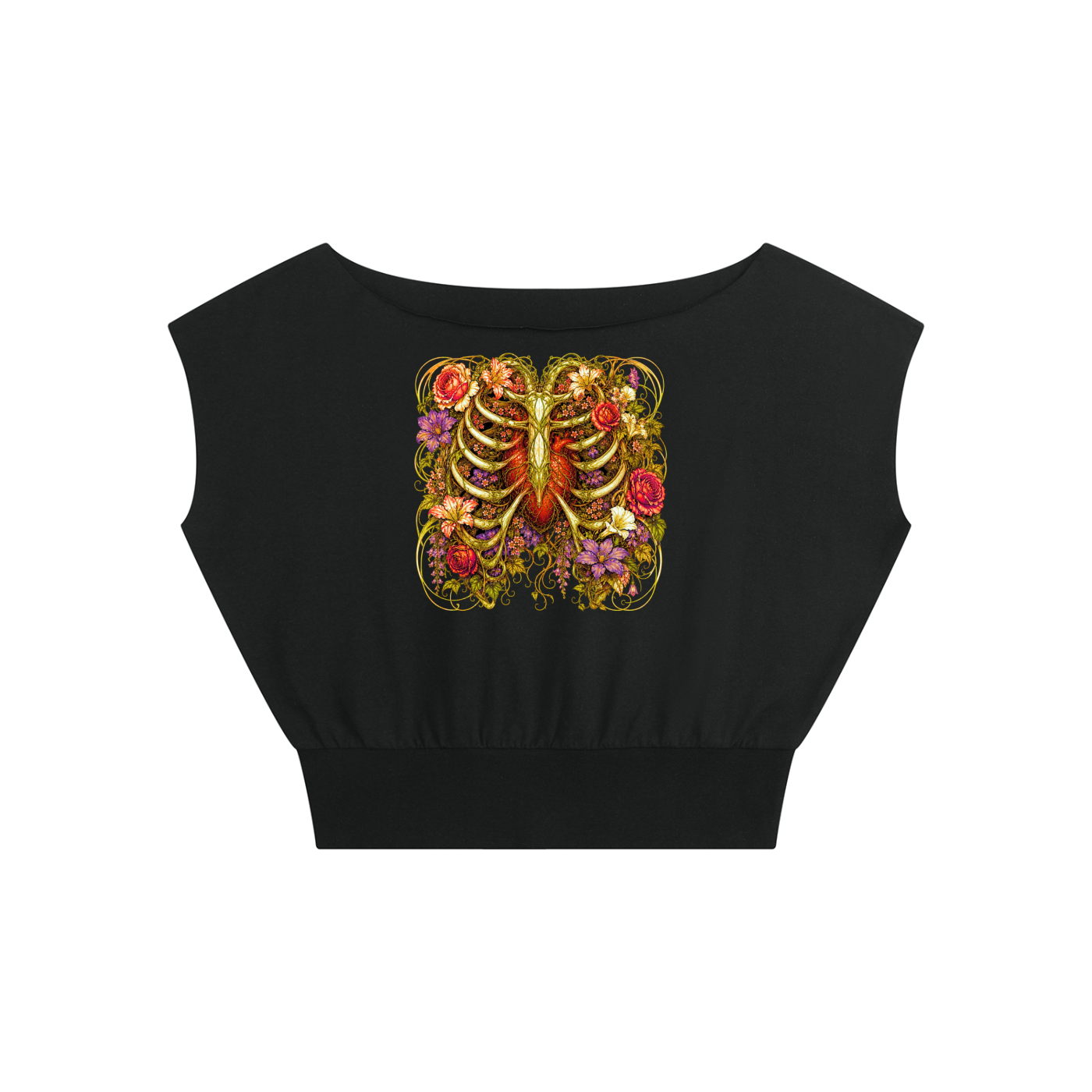 Floral Ribcage Women’s Boatneck Raw Edge Crop T-Shirt