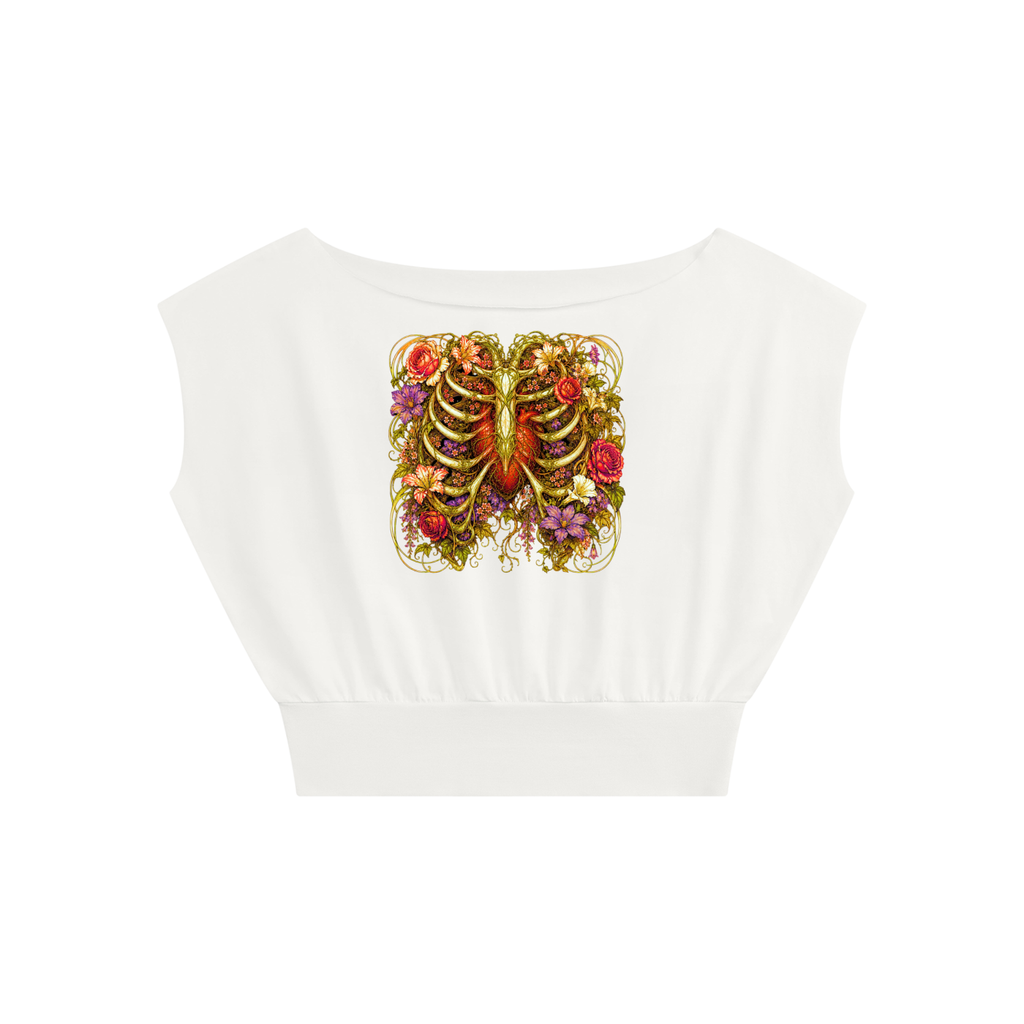 Floral Ribcage Women’s Boatneck Raw Edge Crop T-Shirt